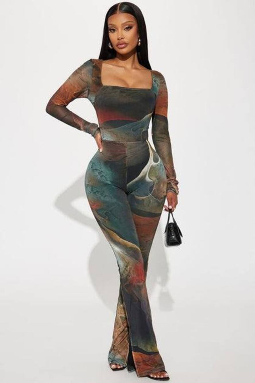 Fashion Nova Lost In A Trance Mesh Jumpsuit Olive Combo Club Size M